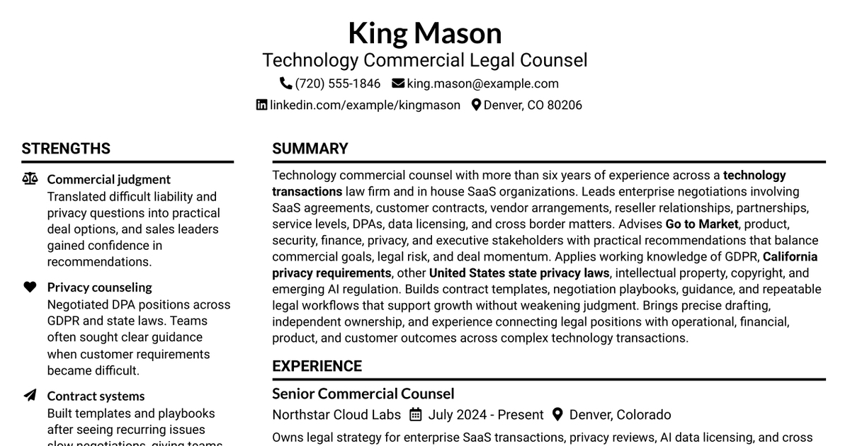 7 Technology Commercial Legal Counsel Resume Templates with Example