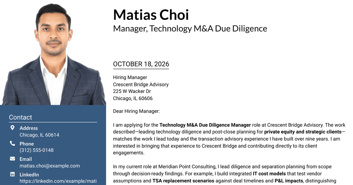7 Technology M&A Due Diligence Manager Cover Letter Templates with Example