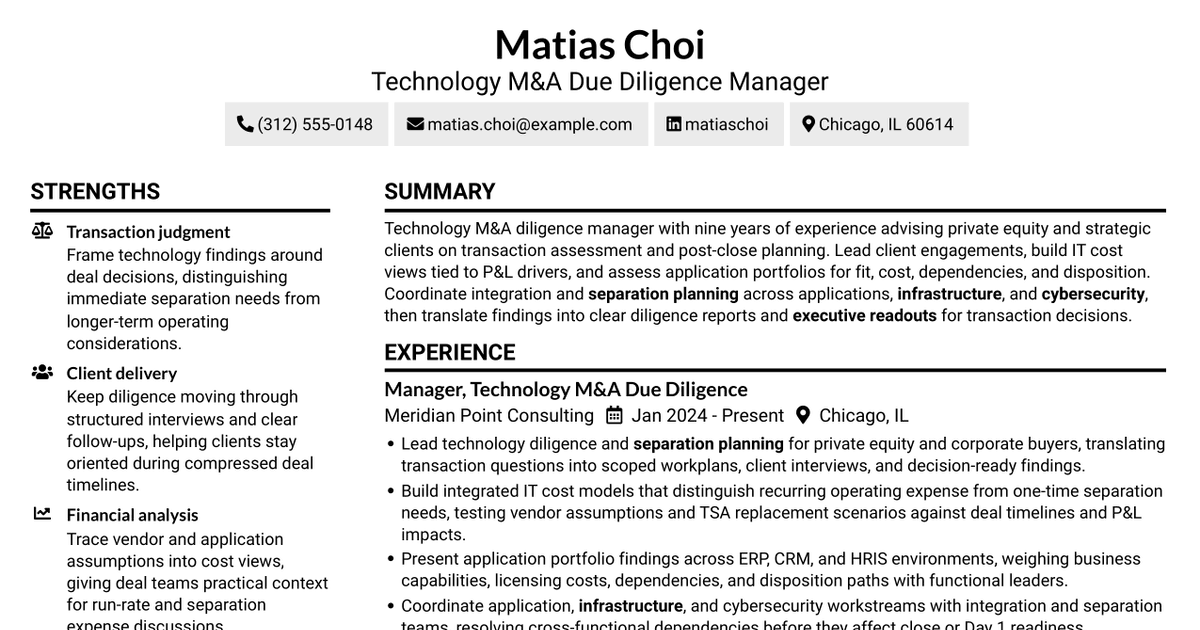 7 Technology M&A Due Diligence Manager Resume Templates with Example
