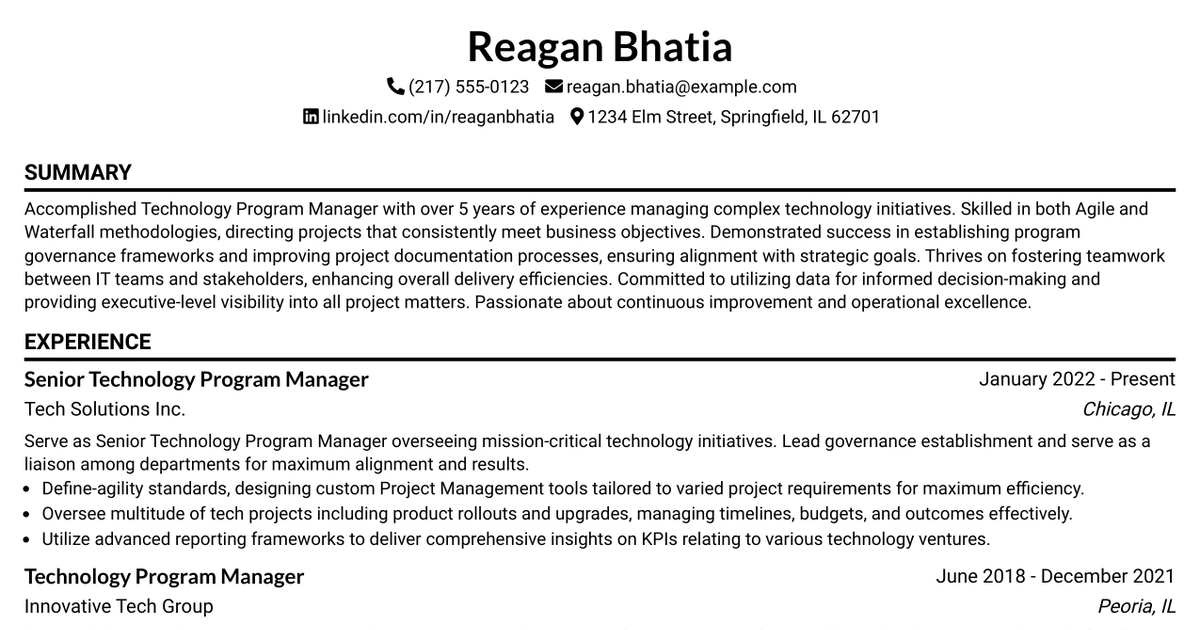 33 Technology Program Manager Resume Templates with Example 2026 (ATS-Optimized)