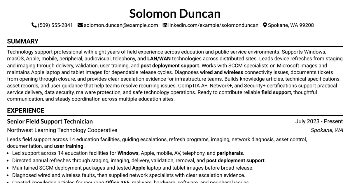 7 Technology Support Technician - Field Support Resume Templates with Example