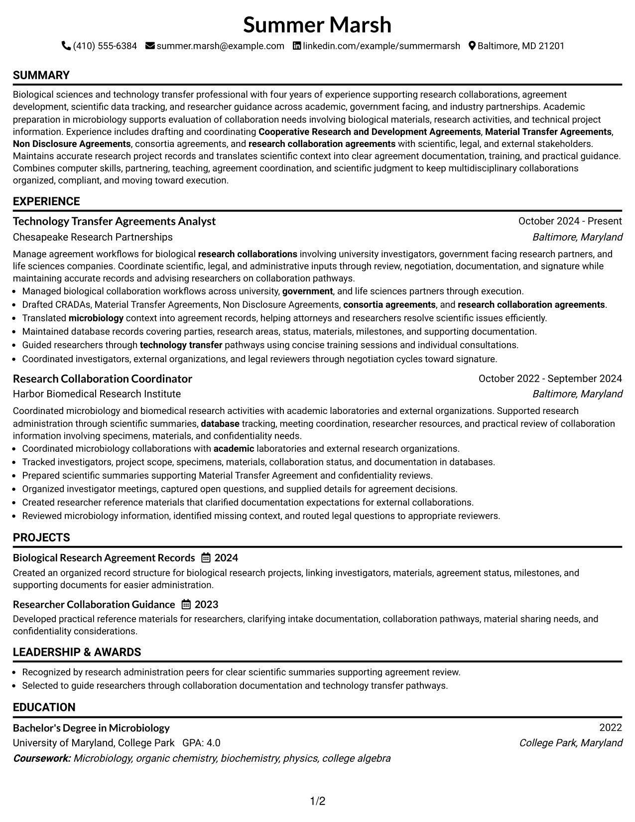 Resume Example Page 1