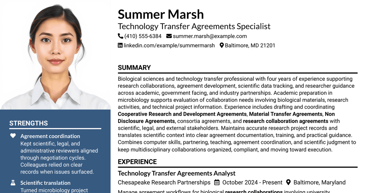 7 Technology Transfer Agreements Specialist Resume Templates with Example