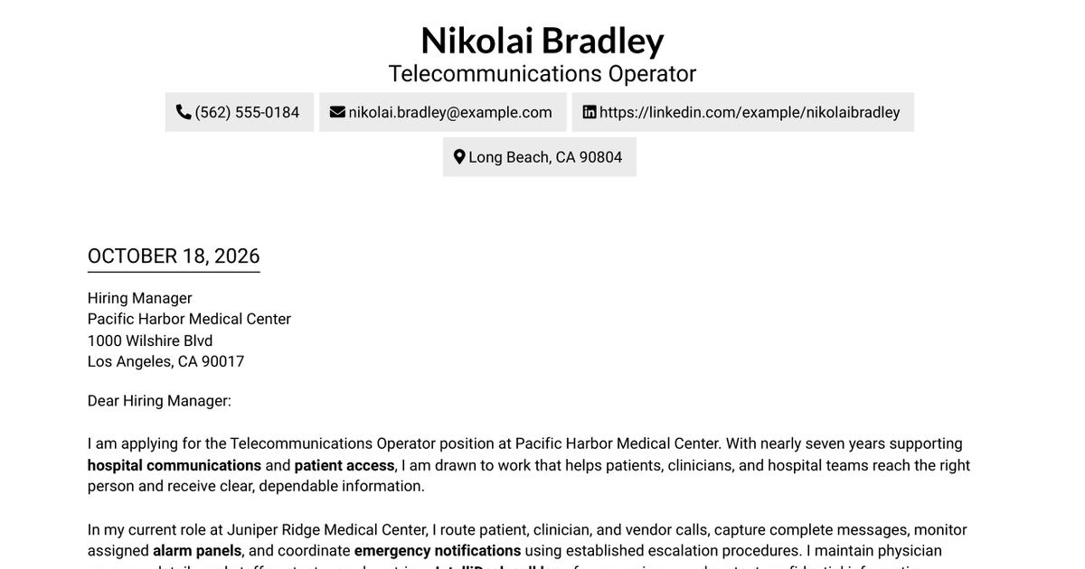7 Telecommunications Operator - Hospital Call and Emergency Communications Cover Letter Templates with Example