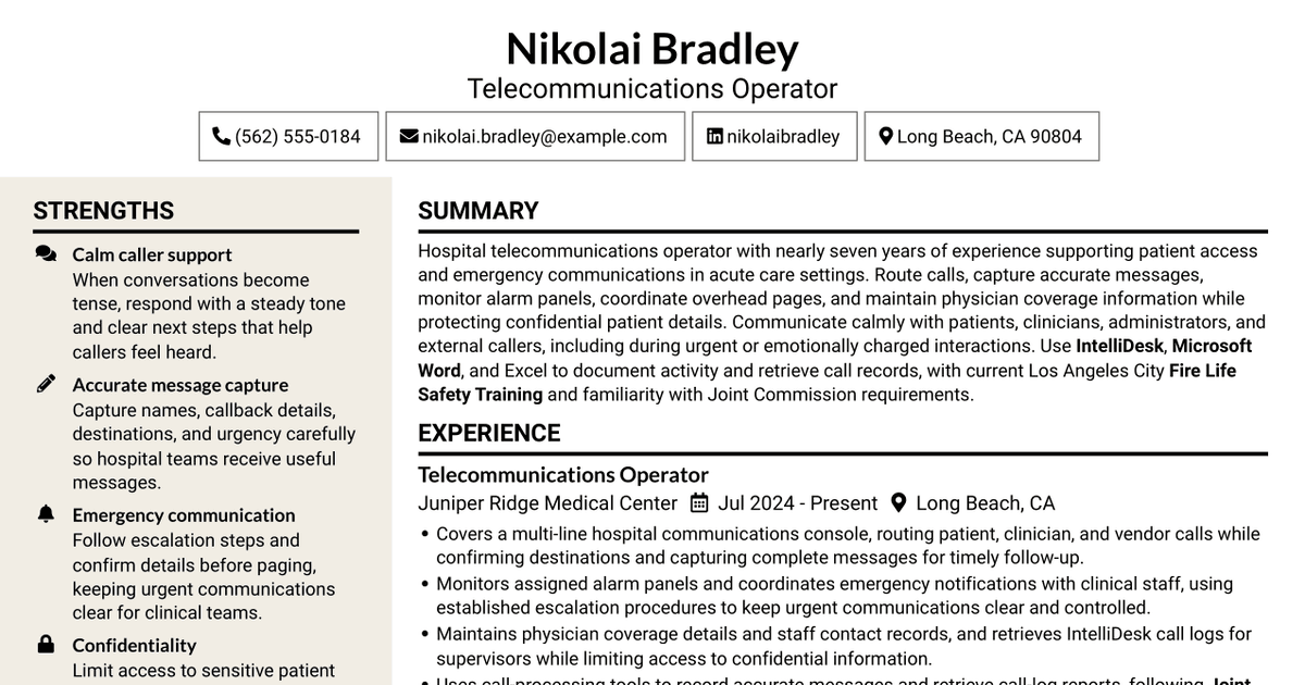 7 Telecommunications Operator - Hospital Call and Emergency Communications Resume Templates with Example