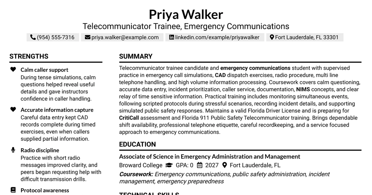 33 Telecommunicator Trainee - Emergency Communications Resume Templates with Example 2026 (ATS-Optimized)