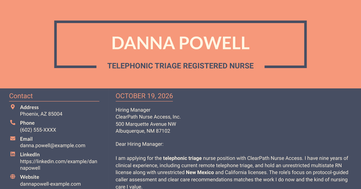 7 Telephonic Triage Registered Nurse Cover Letter Templates with Example