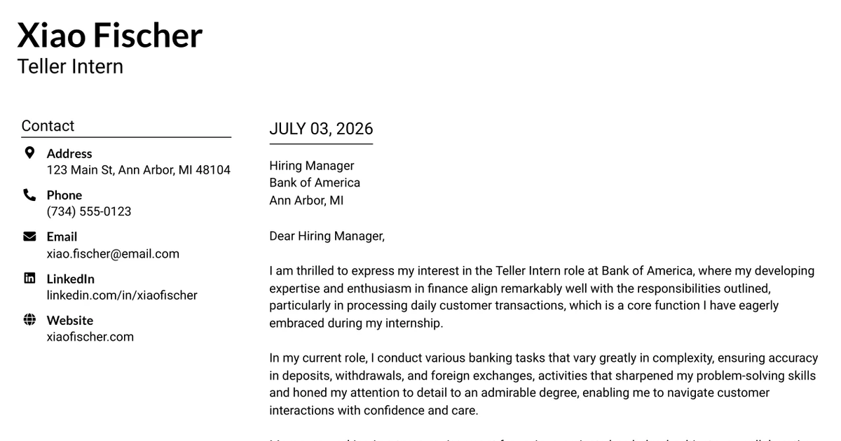 30+ Teller Intern Cover Letter Templates with Example 2026
