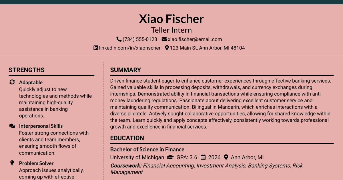 33 Teller Intern Resume Templates with Example 2026 (ATS-Optimized)