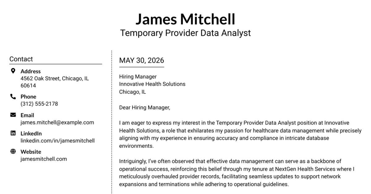 30+ Temporary Provider Data Analyst Cover Letter Templates with Example 2026