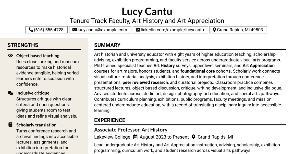 7 Tenure-Track Faculty in Art - Art History and Art Appreciation Resume Templates with Example