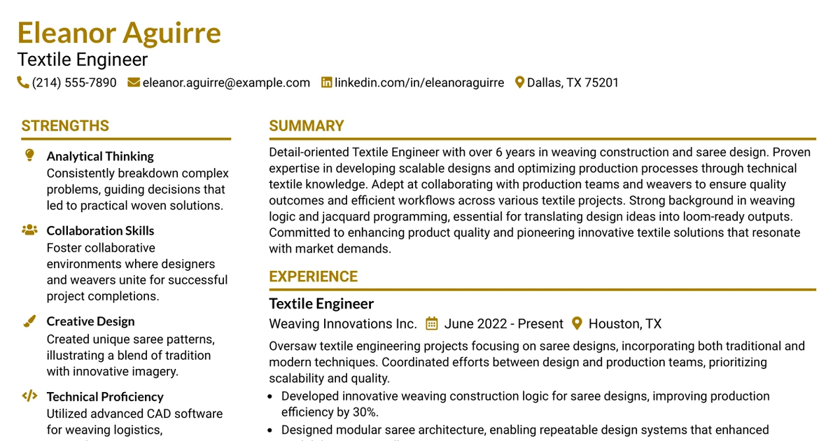 33 Textile Engineer Resume Templates with Example 2026 (ATS-Optimized)
