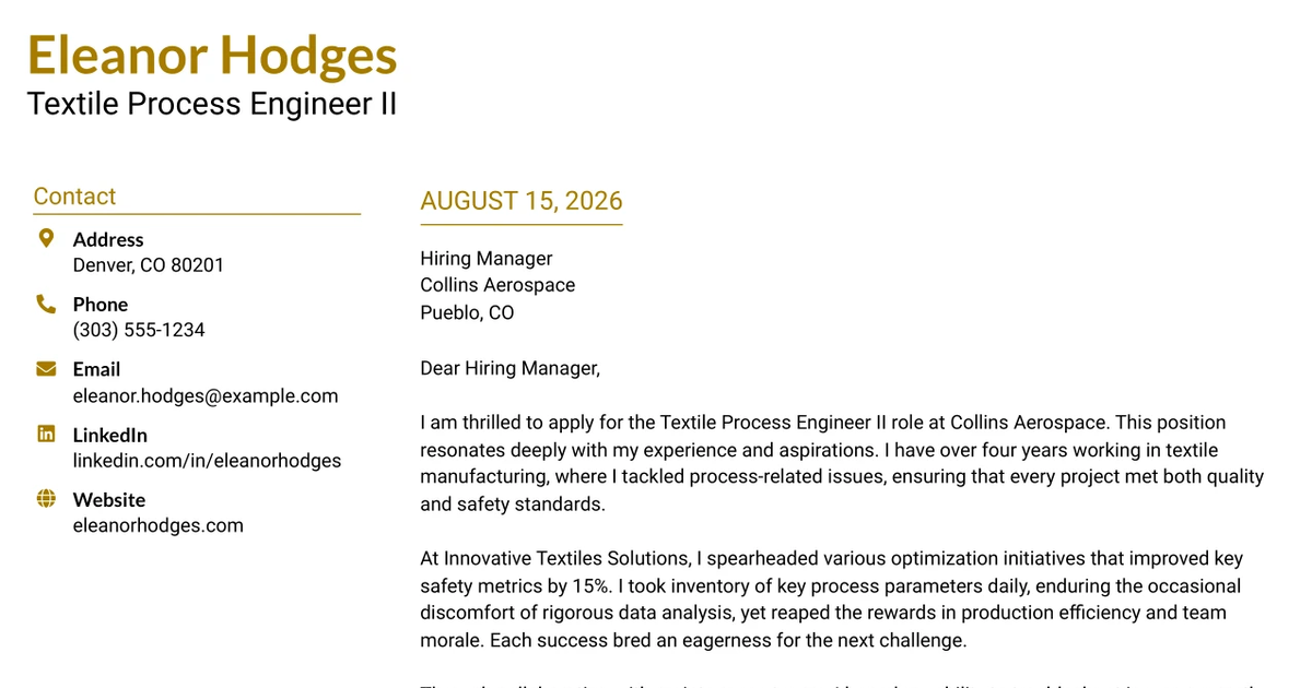 30+ Textile Process Engineer II Cover Letter Templates with Example 2026