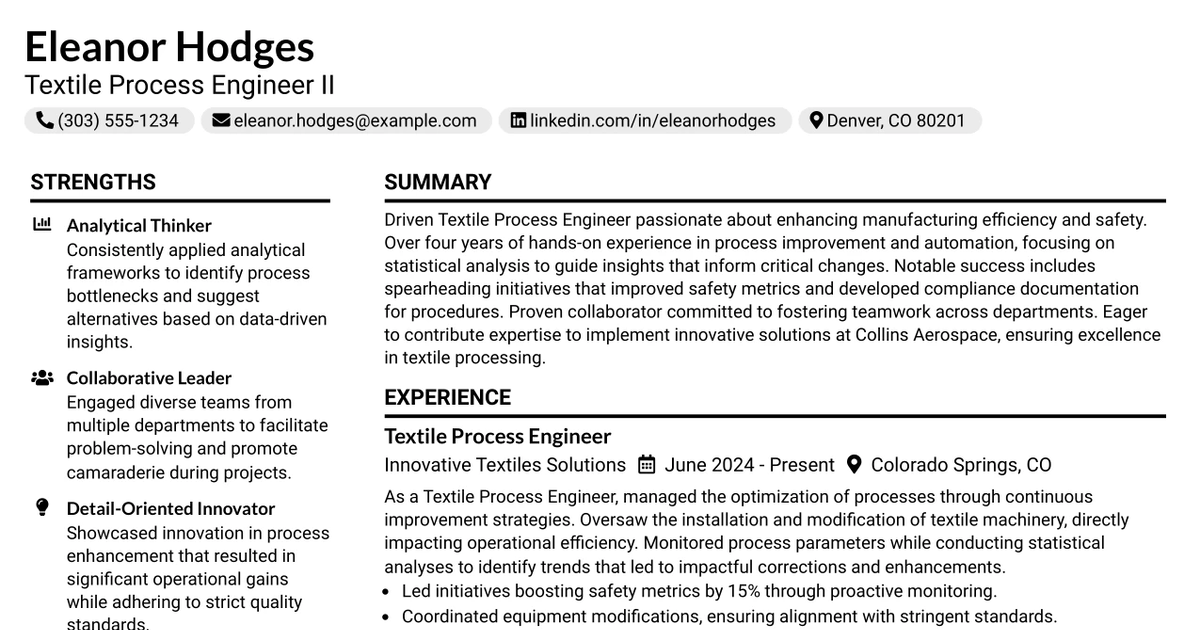 33 Textile Process Engineer II Resume Templates with Example 2026 (ATS-Optimized)