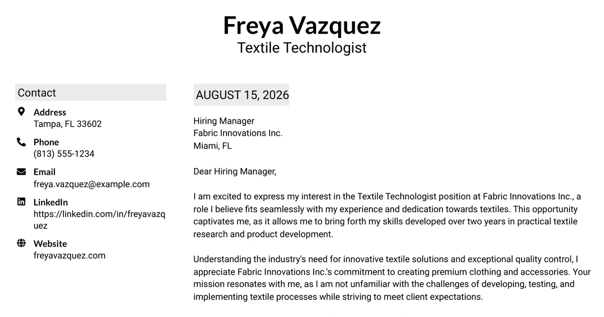 30+ Textile Technologist Cover Letter Templates with Example 2026