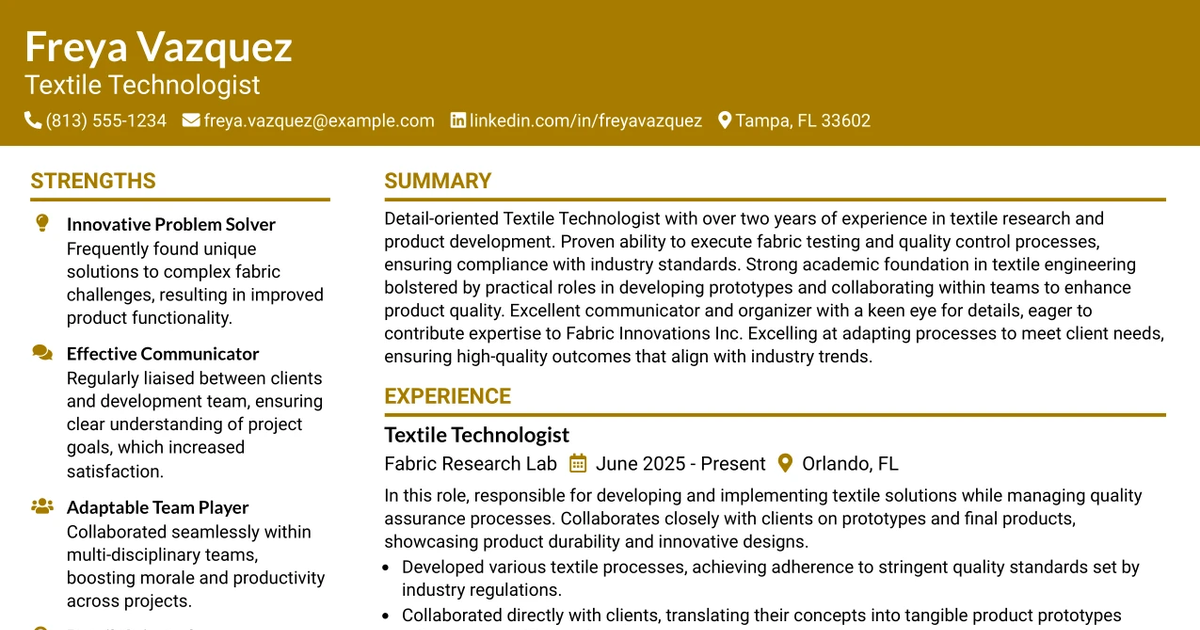 33 Textile Technologist Resume Templates with Example 2026 (ATS-Optimized)