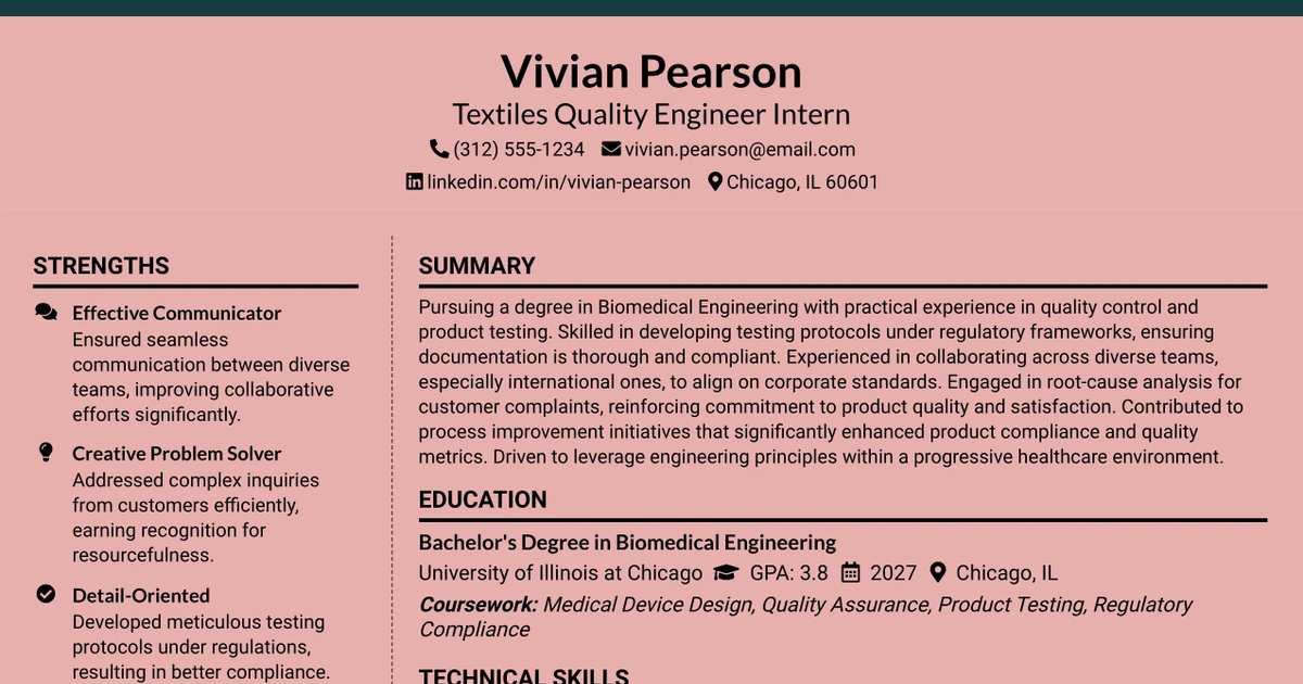 33 Textiles Quality Engineer Intern Resume Templates with Example 2026 (ATS-Optimized)