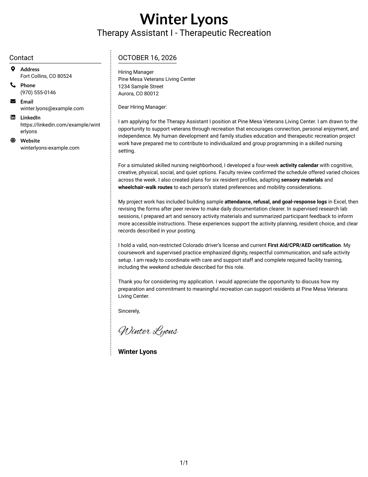 Cover letter example — page 1