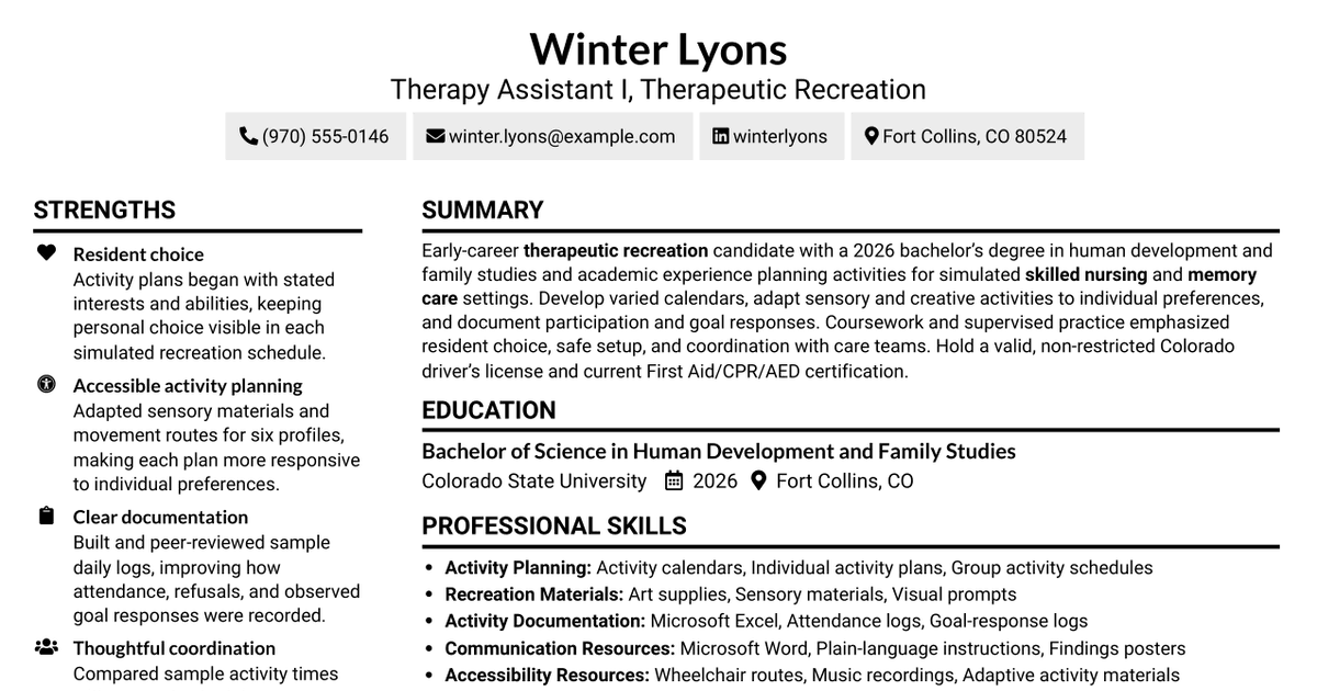 7 Therapy Assistant I - Therapeutic Recreation Resume Templates with Example