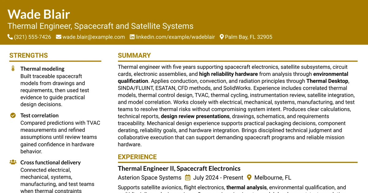 33 Thermal Engineer - Spacecraft and Satellite Systems Resume Templates with Example 2026 (ATS-Optimized)