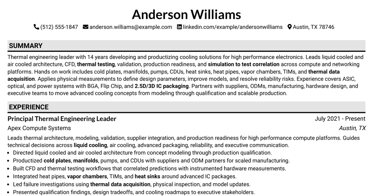 33 Thermal Engineering Technical Leader Resume Templates with Example 2026 (ATS-Optimized)