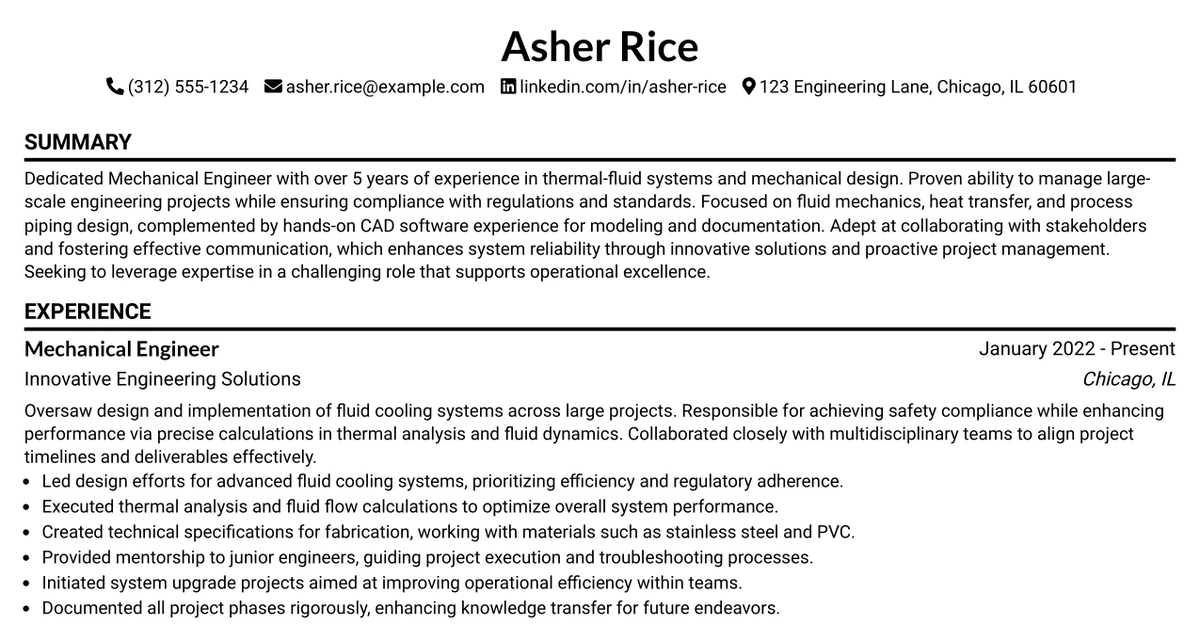 33 Thermal-Fluids Mechanical Engineer Resume Templates with Example 2026 (ATS-Optimized)