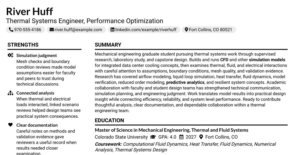 33 Thermal Systems Engineer For Performance Optimization (Modeling/Simulation) Resume Templates with Example 2026 (ATS-Optimized)