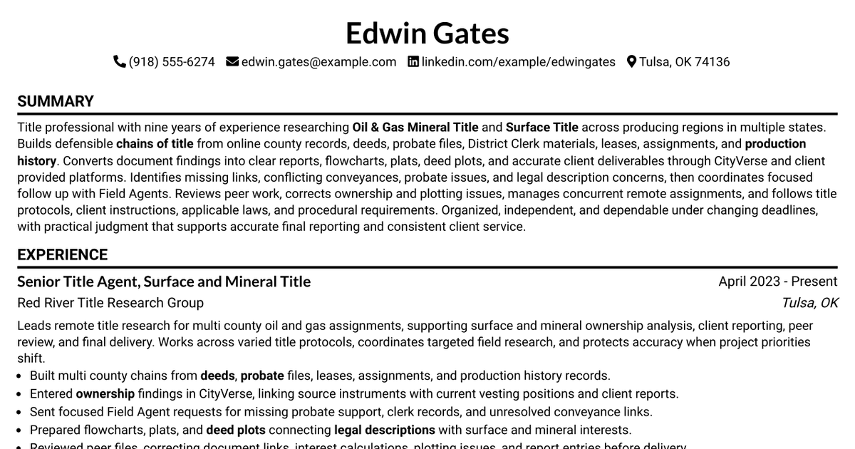 7 Title Agent - Surface and Mineral Title Resume Templates with Example