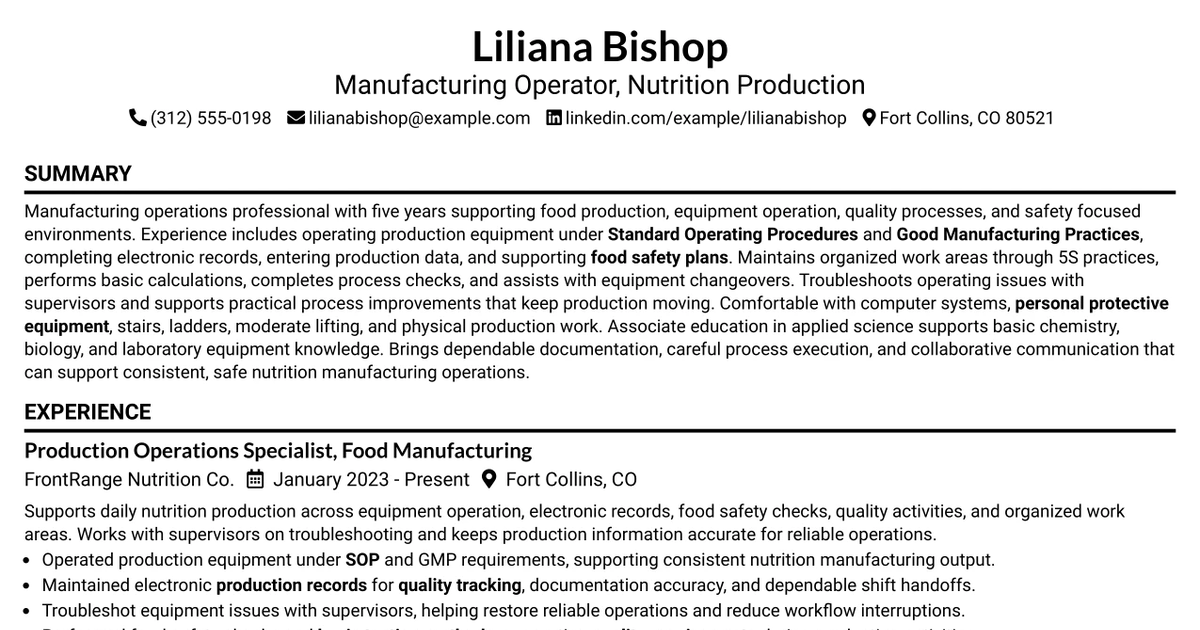33 TM III - Nutrition Manufacturing Operator Resume Templates with Example