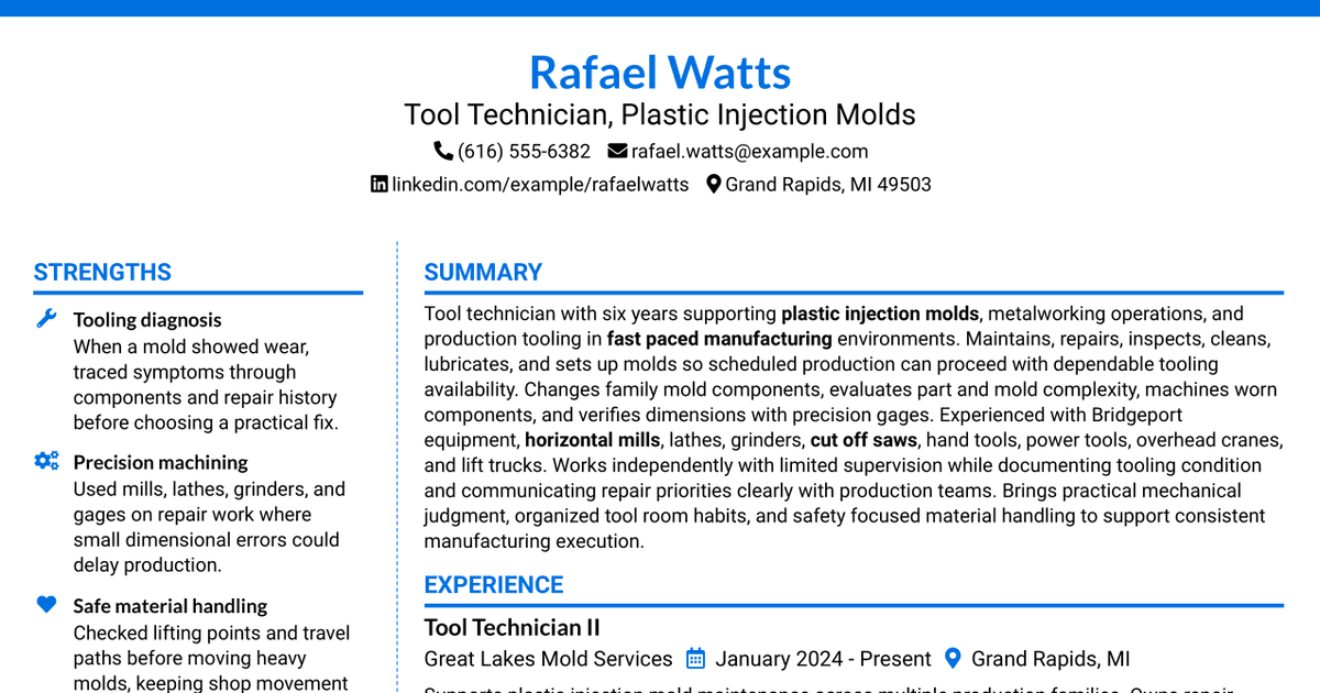 7 Tool Technician Resume Templates with Example
