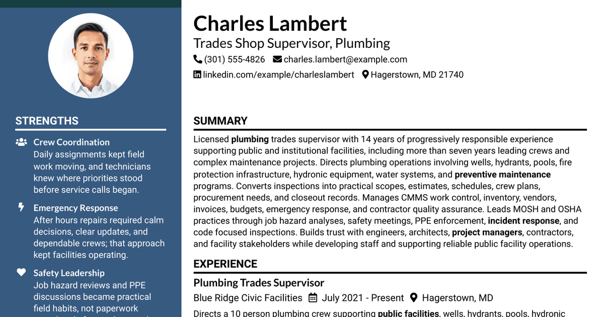 7 Trades Shop Supervisor - Plumbing Resume Templates with Example