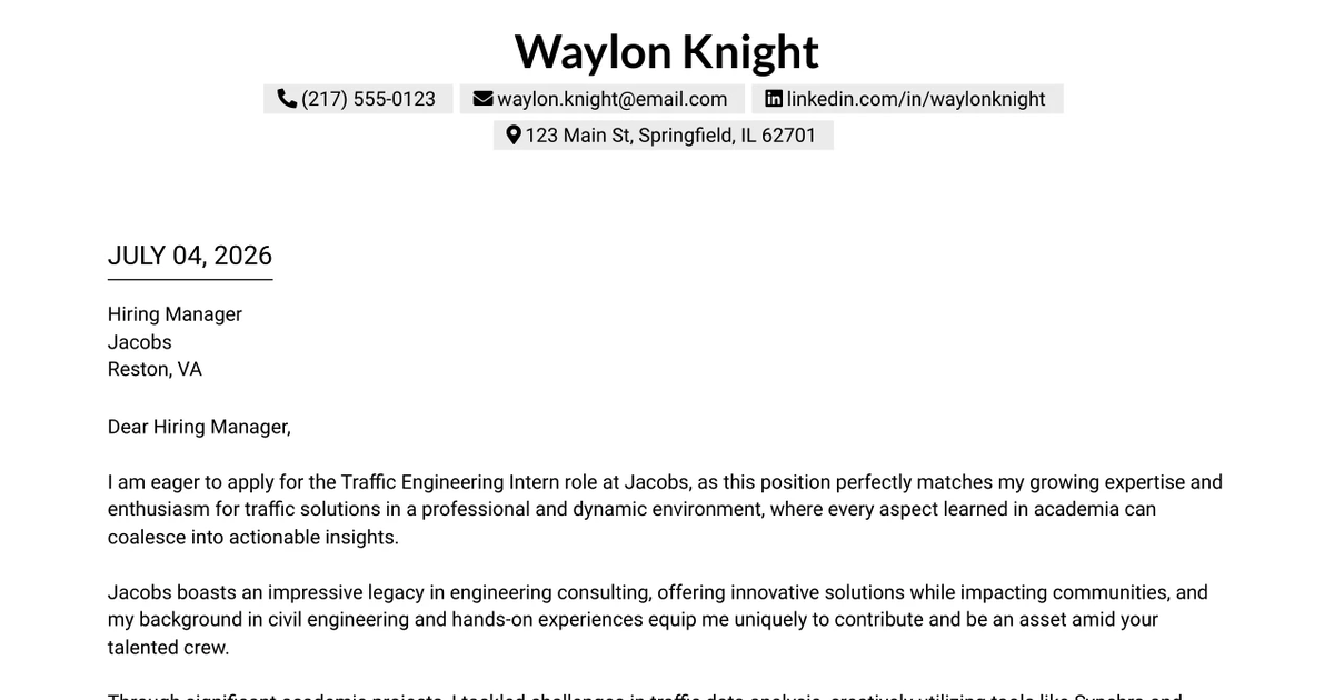 30+ Traffic Engineering Intern Cover Letter Templates with Example 2026