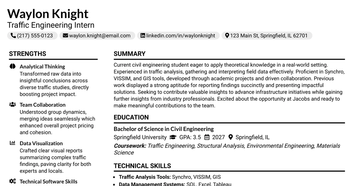 33 Traffic Engineering Intern Resume Templates with Example 2026 (ATS-Optimized)