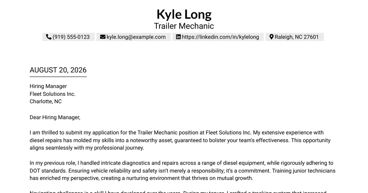 30+ Trailer Mechanic Cover Letter Templates with Example 2026