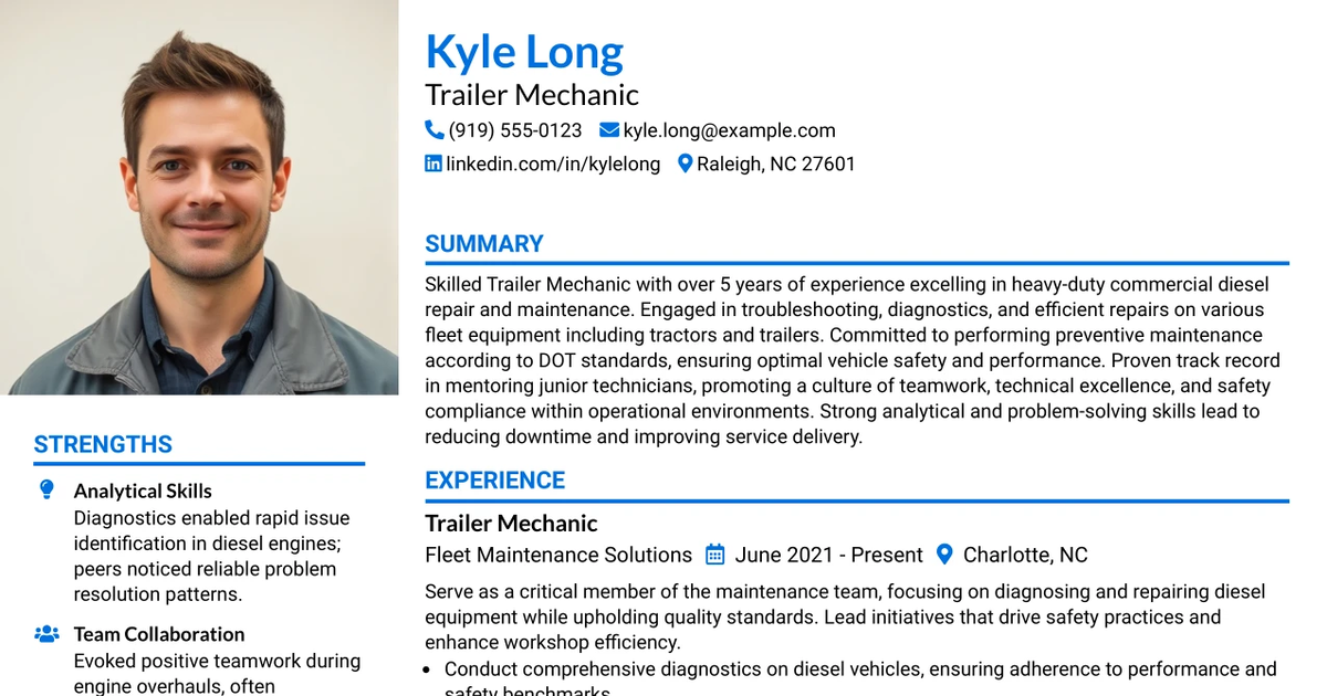 33 Trailer Mechanic Resume Templates with Example 2026 (ATS-Optimized)