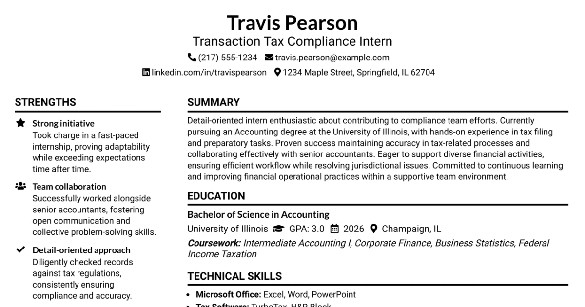 33 Transaction Tax Compliance Intern Resume Templates with Example 2026 (ATS-Optimized)