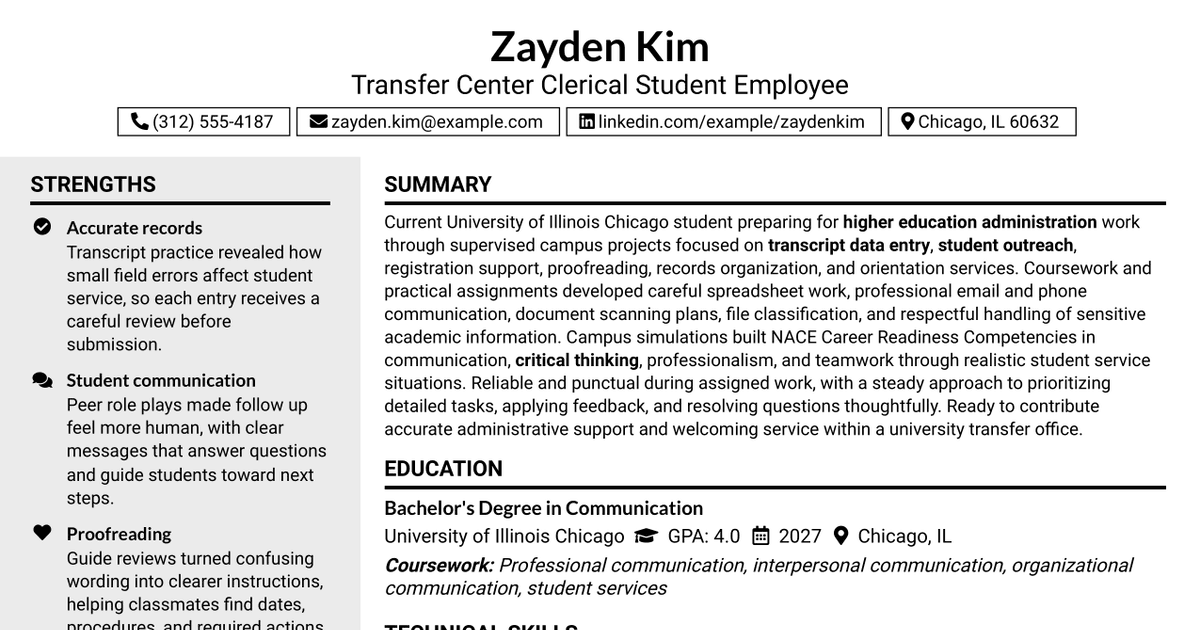 7 Transfer Center Clerical - Student Employment Resume Templates with Example