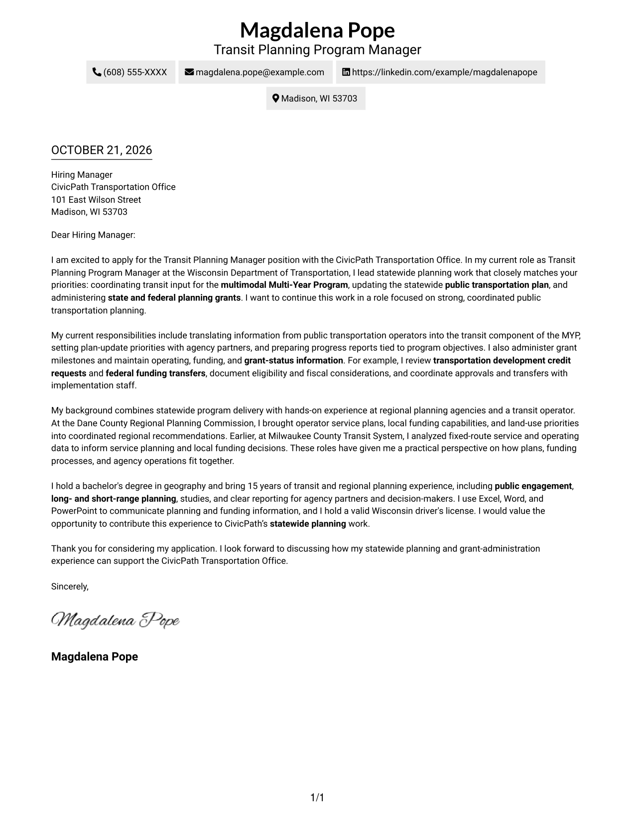 Cover letter example — page 1