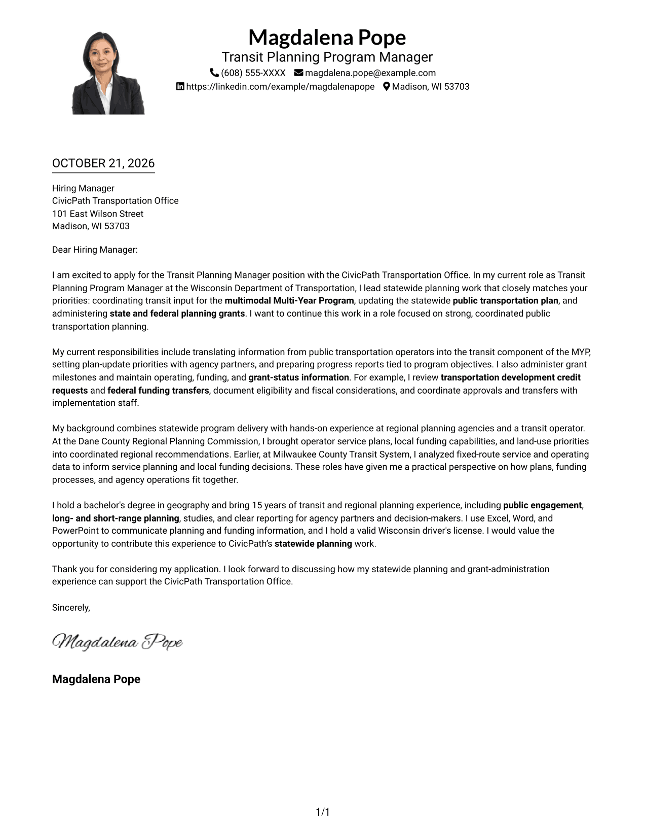 Cover letter example — page 1