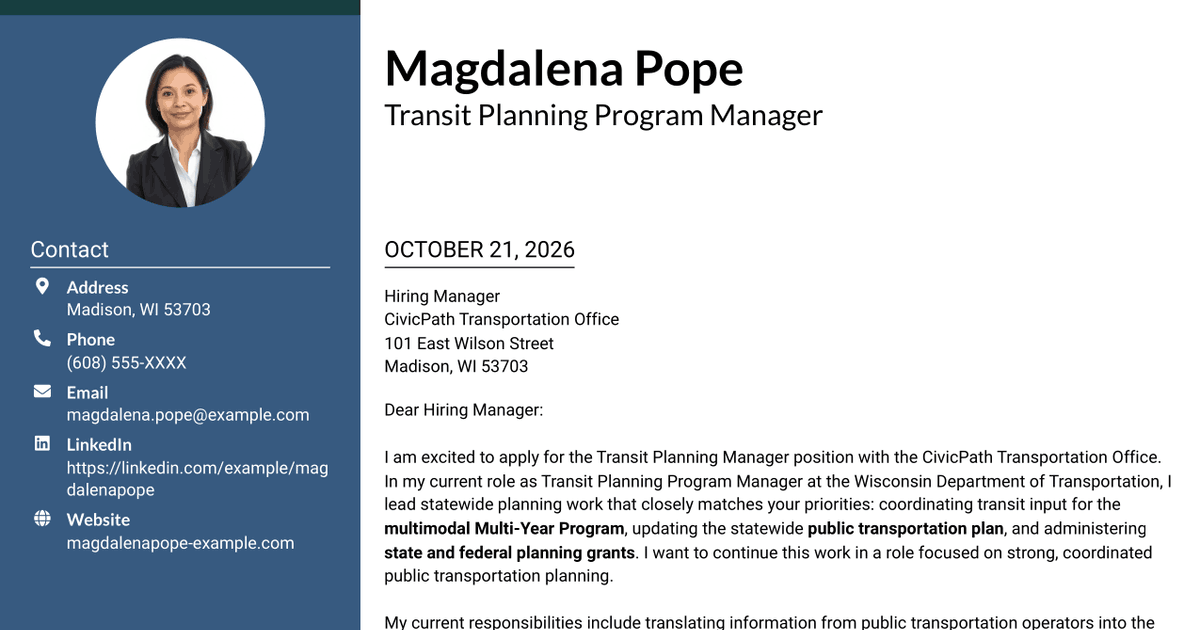 7 Transit Planning Manager Cover Letter Templates with Example