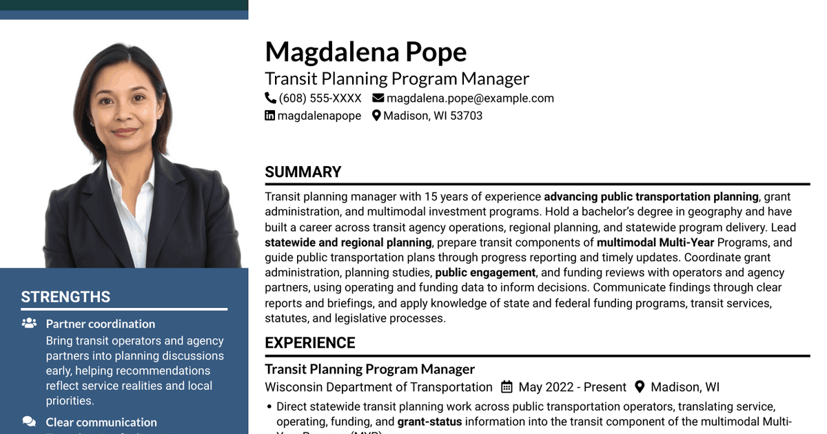 7 Transit Planning Manager Resume Templates with Example