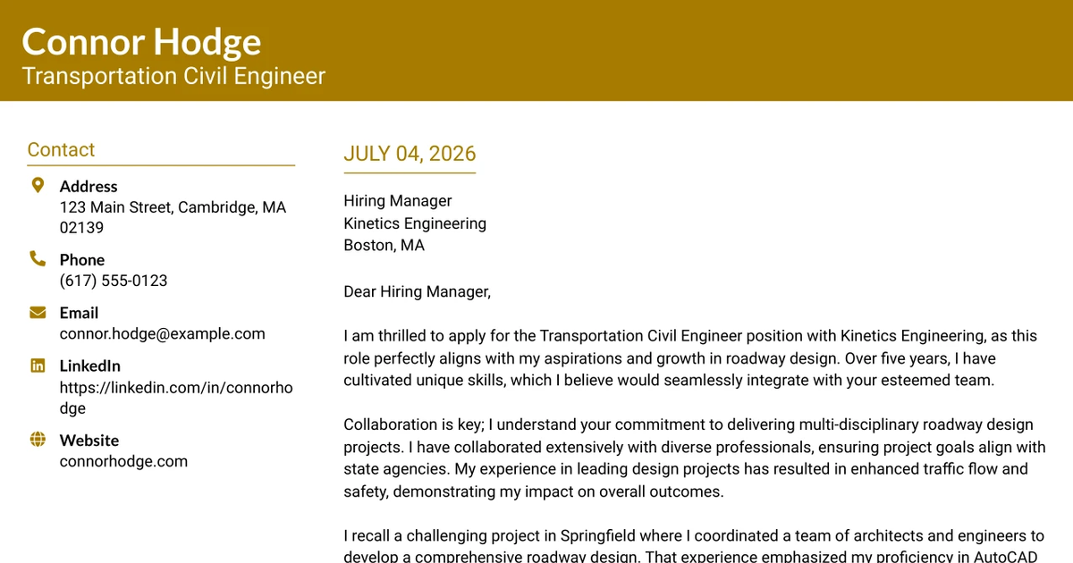 30+ Transportation Civil Engineer Cover Letter Templates with Example 2026