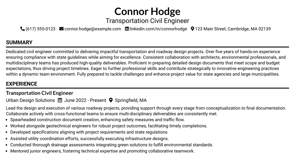 33 Transportation Civil Engineer Resume Templates with Example 2026 (ATS-Optimized)