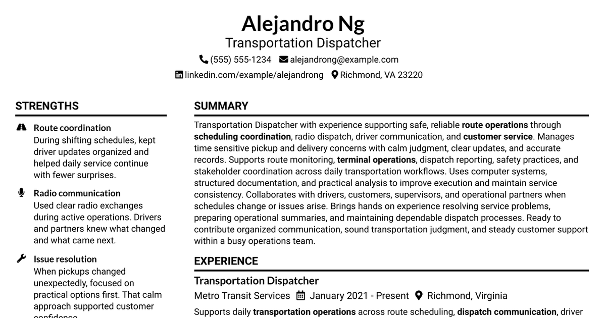 7 Transportation Dispatcher Resume Templates with Example