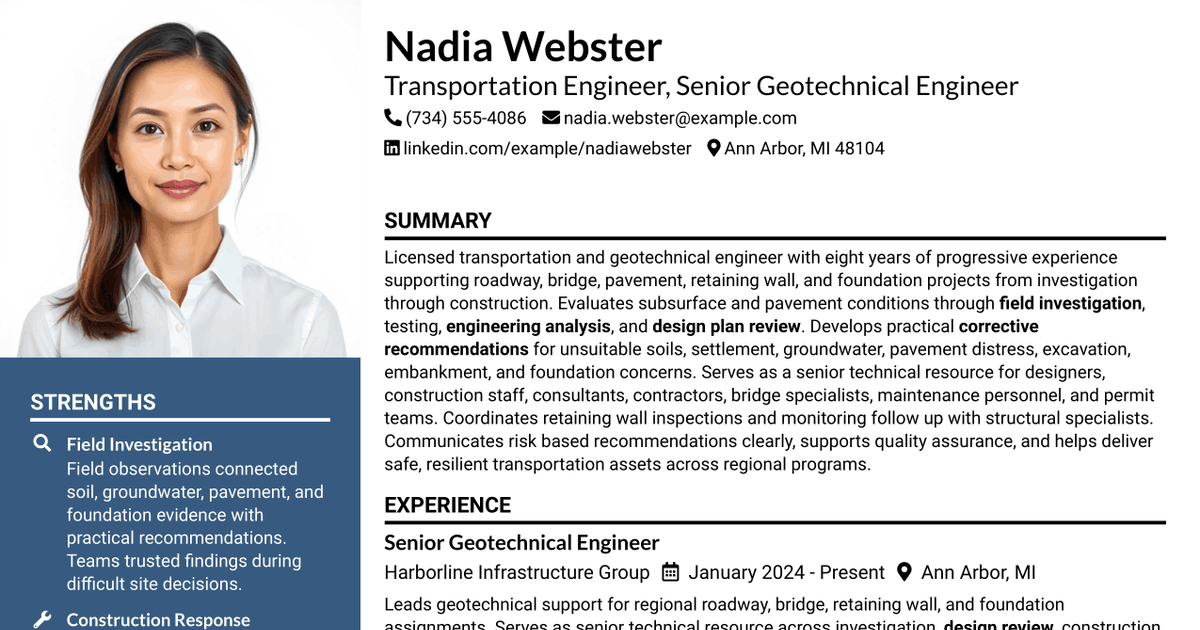 7 Transportation Engineer Licensed Specialist - Senior Geotechnical Engineer Resume Templates with Example