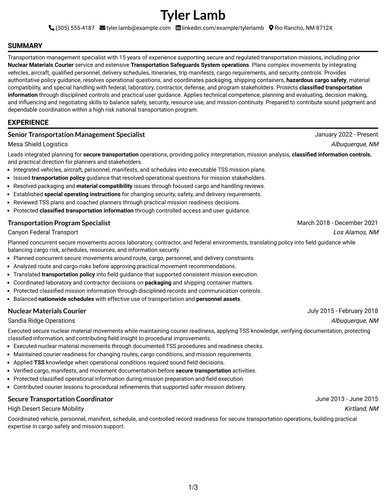 Resume Example Page 1