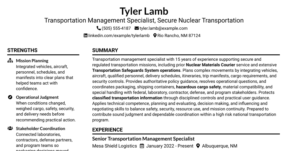 7 Transportation Management Specialist (Secondary) Resume Templates with Example
