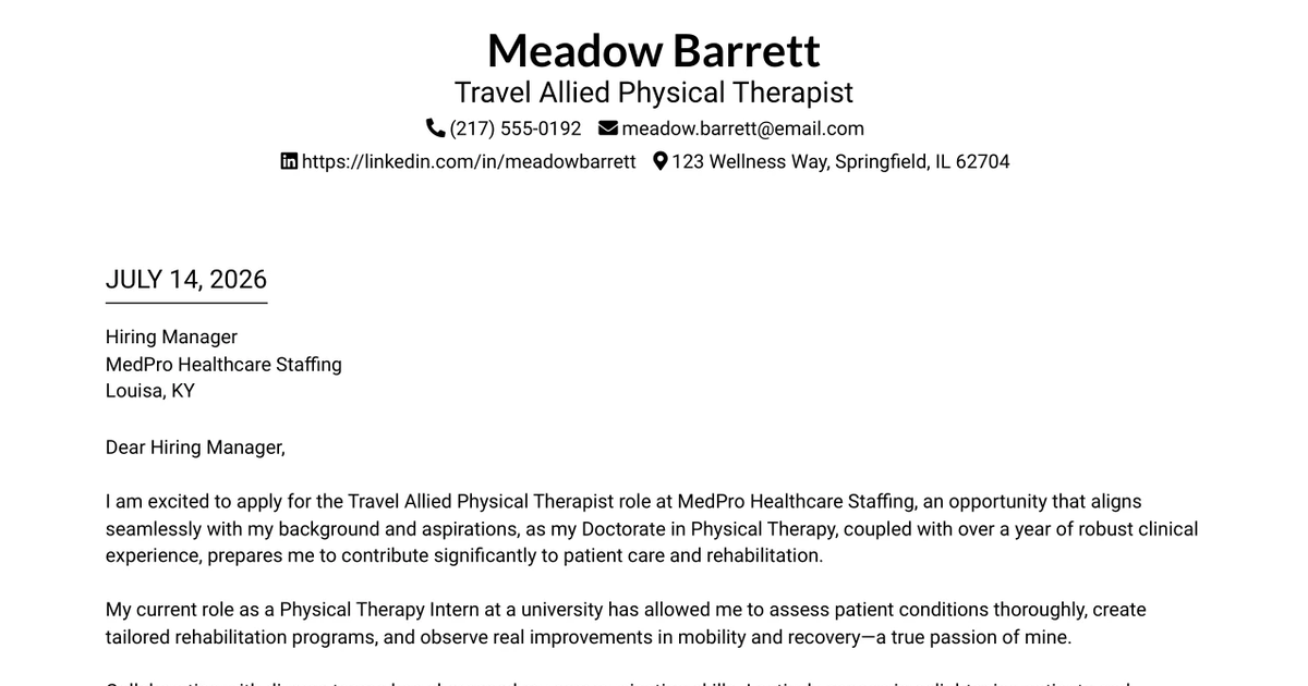 30+ Travel Allied Physical Therapist Cover Letter Templates with Example 2026