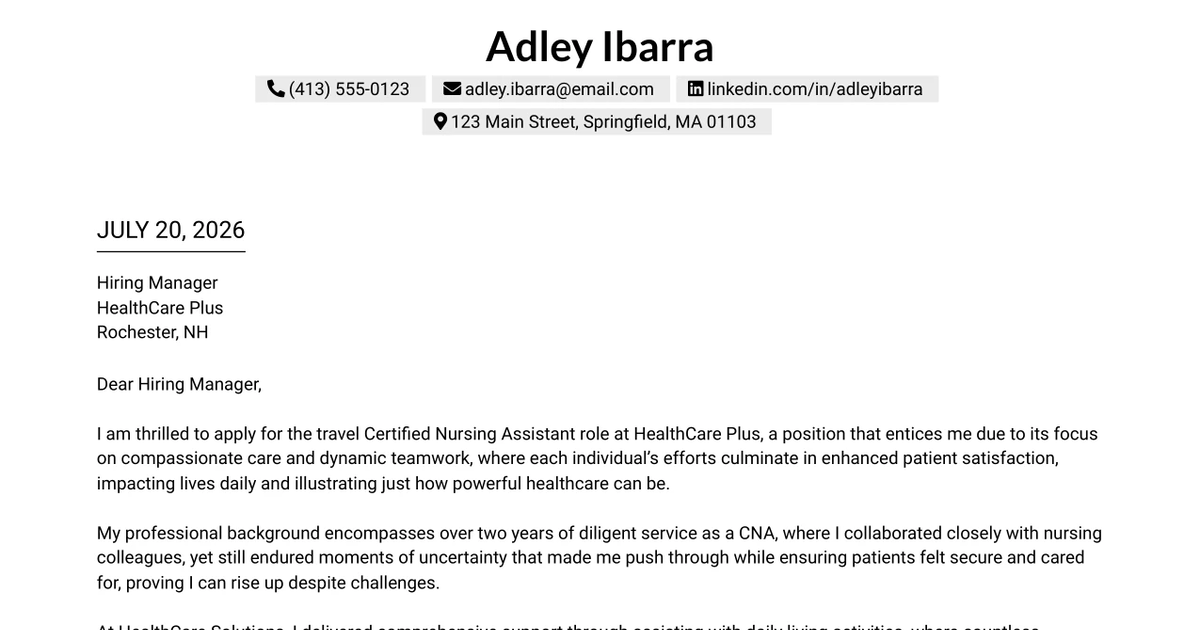 30+ Travel Certified Nursing Assistant (CNA) Cover Letter Templates with Example 2026