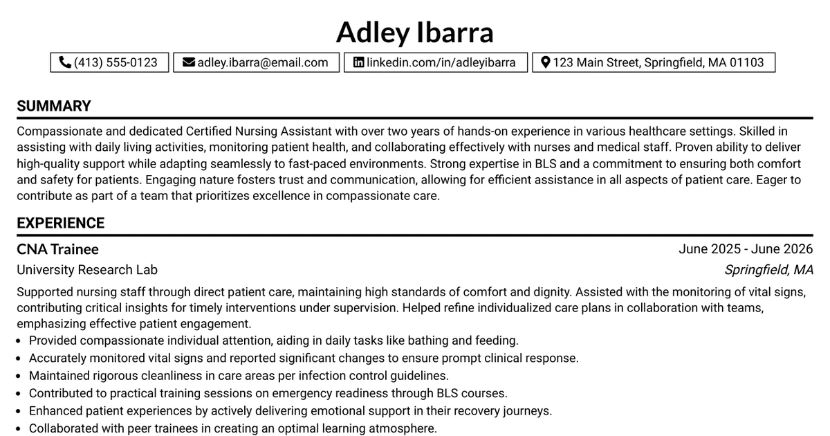 33 Travel Certified Nursing Assistant (CNA) Resume Templates with Example 2026 (ATS-Optimized)